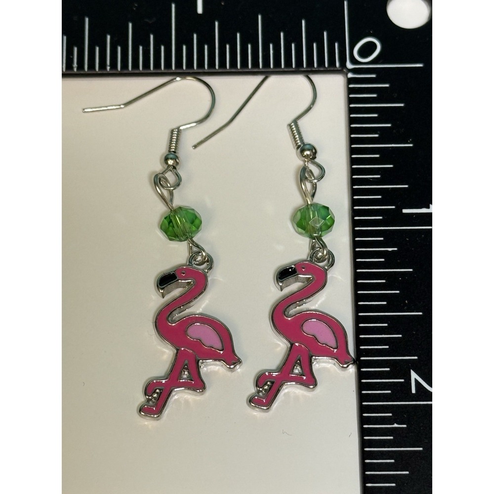 Pink Flamingo Dangle Earrings Green Bead Silver Tone Tropical Bird Vacation Cute
